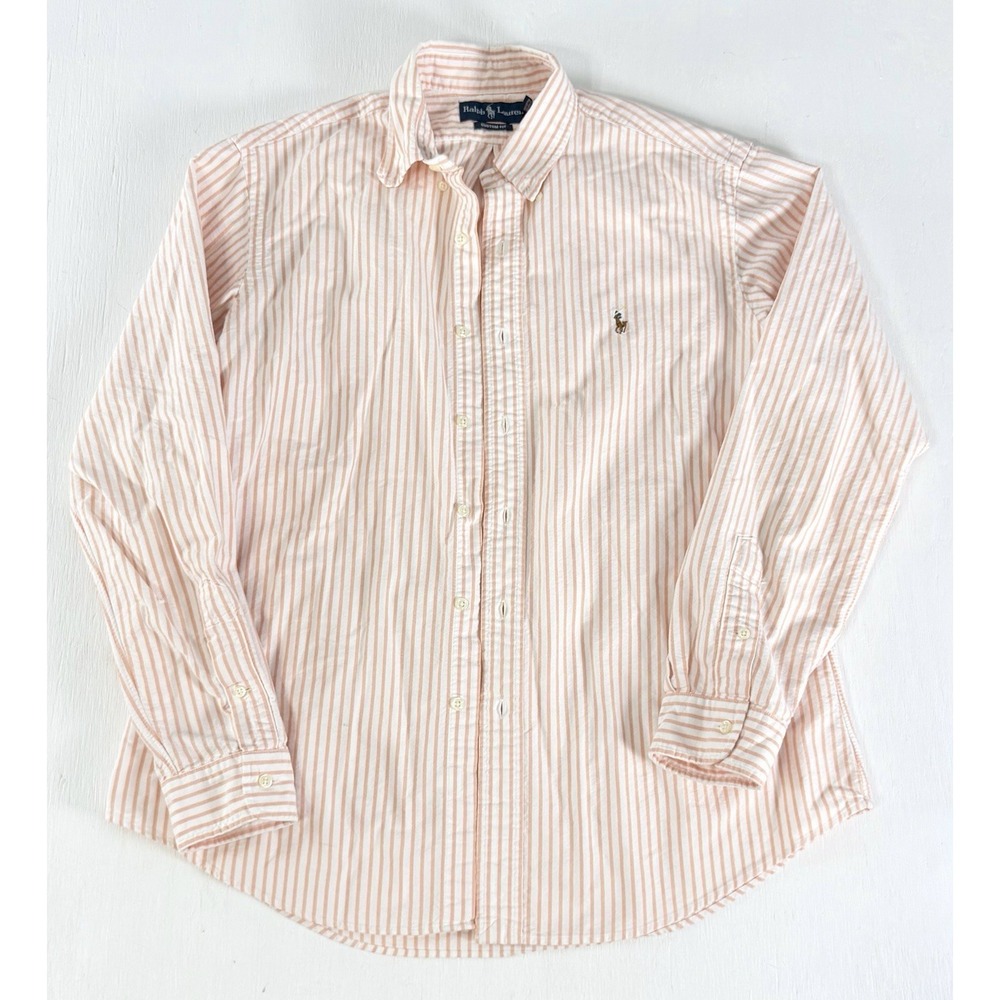 Ralph Lauren Custom Fit Orange White Striped Shirt Men's L Button Up Polo Pony